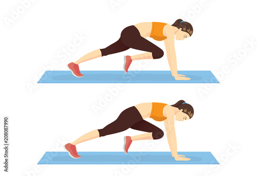 Step of doing the Mountain climber exercise by healthy woman. Illustration about exercise guide.