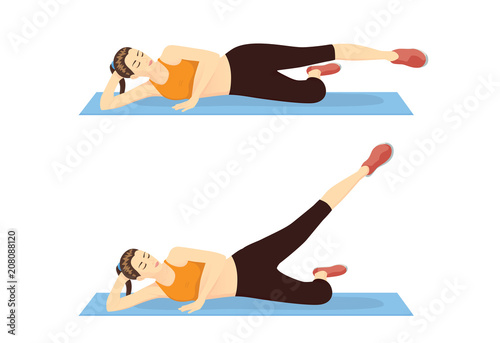 Woman doing straight-leg raises to the outside. Illustration about step of thigh workout.