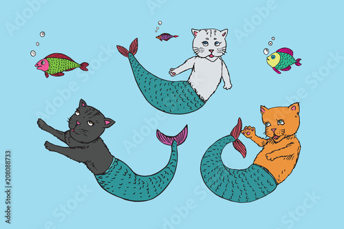 Mermaid cats collection and funny fishes, hand drawn colorful doodle sketch, vector illustration