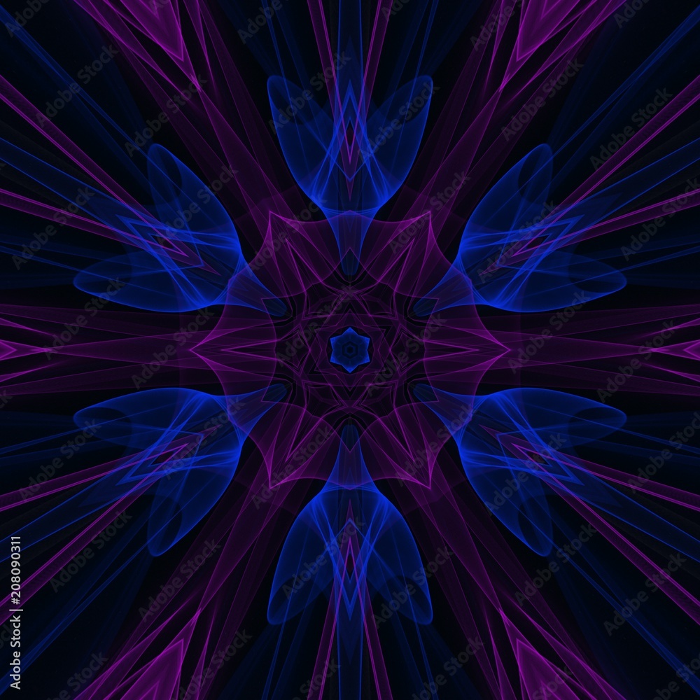 Creative glow neon mandala. Kaleidoscope abstract wallpaper. Sacred geometry digital painting art. Magic fractal artwork. Symmetric stylish graphic design pattern. Print for fabric, textile or paper.