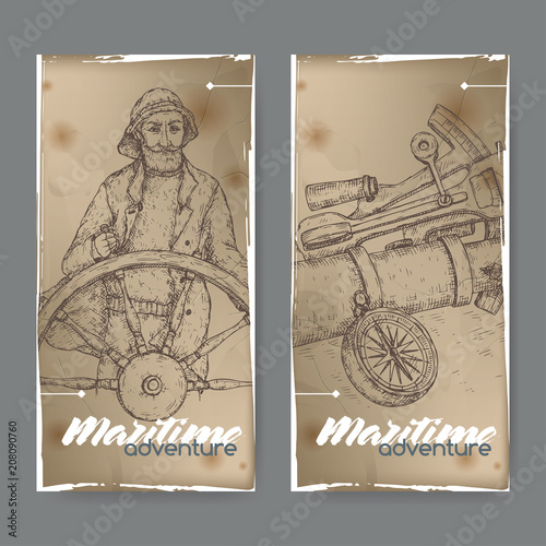 Two vintage labels with old captain and navigational instruments sketch. Maritime adveture series.