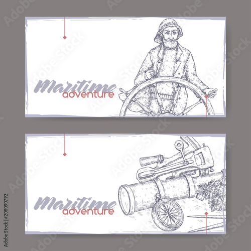 Two landscape banners with old captain and navigational instruments sketch. Maritime adveture series.