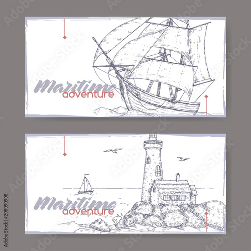Two landscape banners with tall ship and lighthouse sketch. Maritime adveture series.
