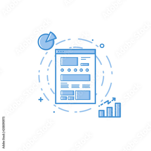 Vector business illustration of blue colors web site prototype with statistics and analytics in filed line style. Graphic design concept of ux design. Use in Web Project and app. Outline object
