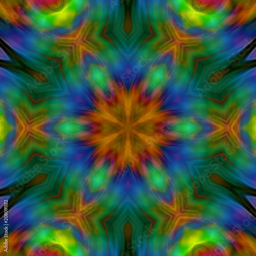 Creative bright mandala. Kaleidoscope abstract wallpaper. Sacred geometry digital painting art. Ethnic fractal artwork. Symmetric stylish graphic design pattern. Print for fabric, textile or paper.
