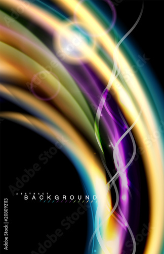 Color shiny light effects on black, liquid style multicolored wavy shape