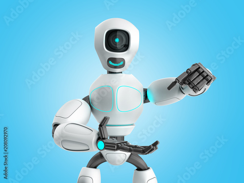modern concept of product presentation robot ready to insert an object into the hand 3d render on blue