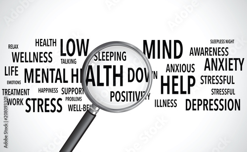 mental health words background magnifying glass