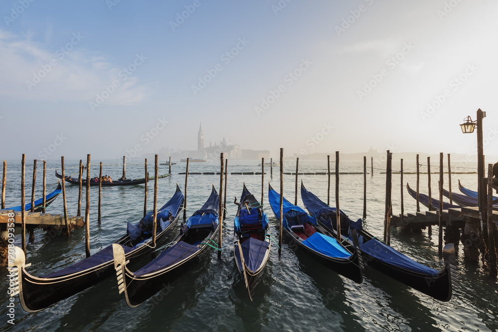 Gondola and San Giorgio Maggiore Church across Basino di San Marco, Venice, Veneto