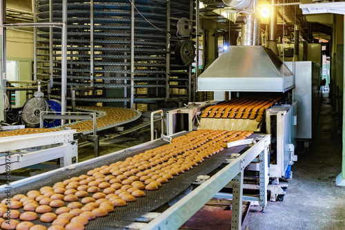 Confectionery factory. Production line of baking cookies. Selective focus