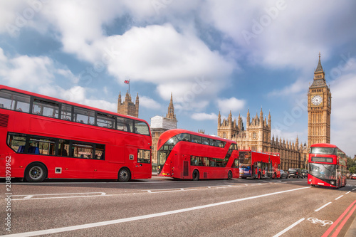 London symbols with BIG BEN, DOUBLE DECKER BUS and Red Phone Booths in England, UK