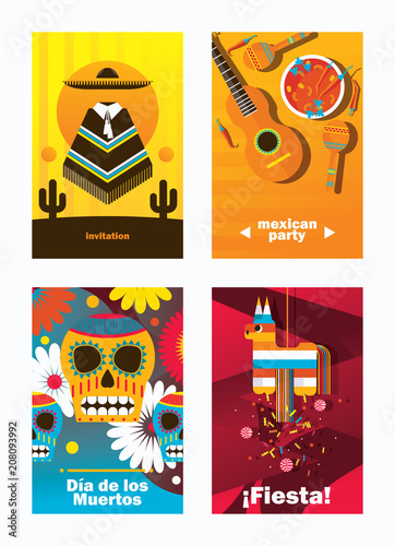 Vector cards with mexica elements. Vertical design templates dedicated to mexico, decorated with pinata, sombrero, sculls and mexican food and clothes. Four designs good for flyer or invitation