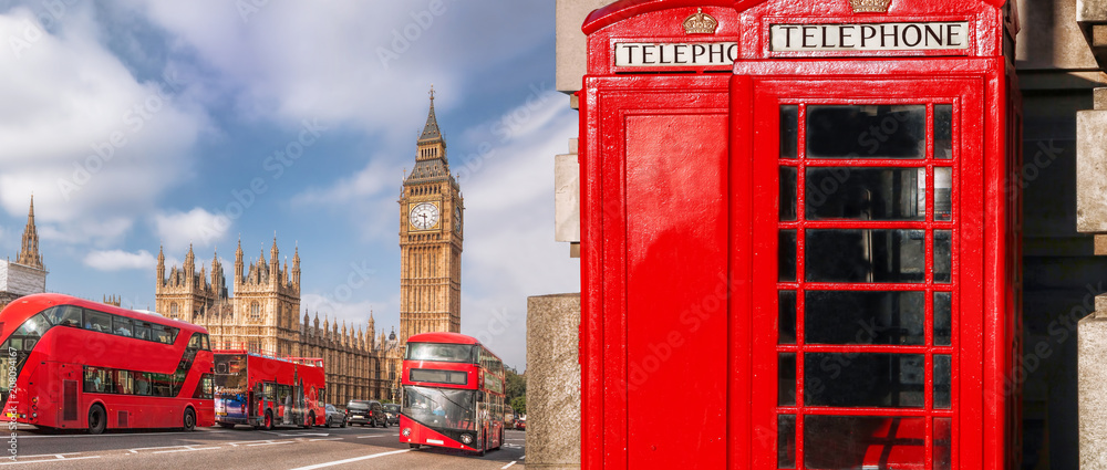 Fototapeta premium Symbole Londynu z BIG BEN, DOUBLE DECKER BUS i Red Phone Booths w Anglii, Wielkiej Brytanii
