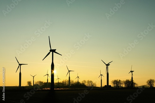 Silhouettes of a group of wind turbines at sunset