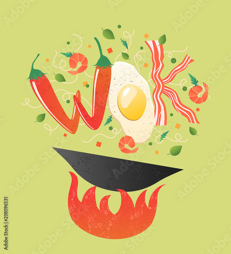 Wok logo for thai or chinese restaurant. Stir fry with edible letters. Cooking process vector illustration on green background. Flipping Asian food in a pan over fire. Cartoon flat style