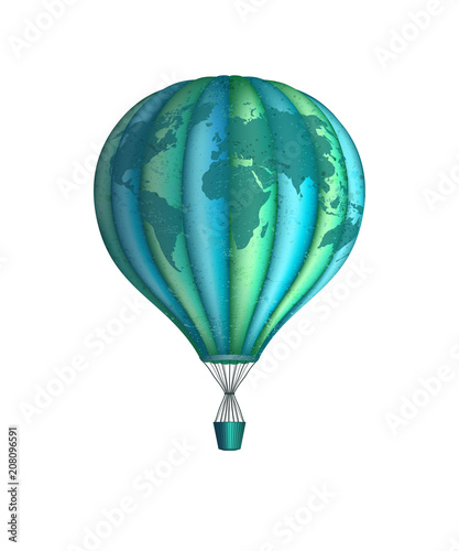 Vector conceptual art of hot air balloon with world map. Concept of travel around the world isolated on white