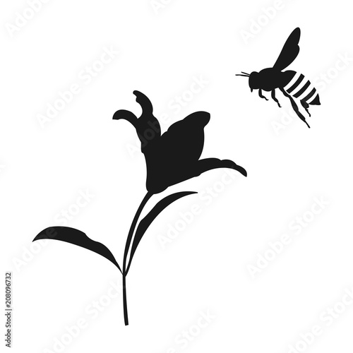 flying honey bee silhouette. flower and honey bee. Vector icon