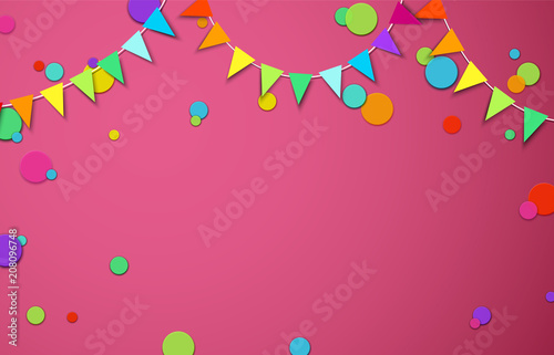 Pink festive background with colour flags and confetti.
