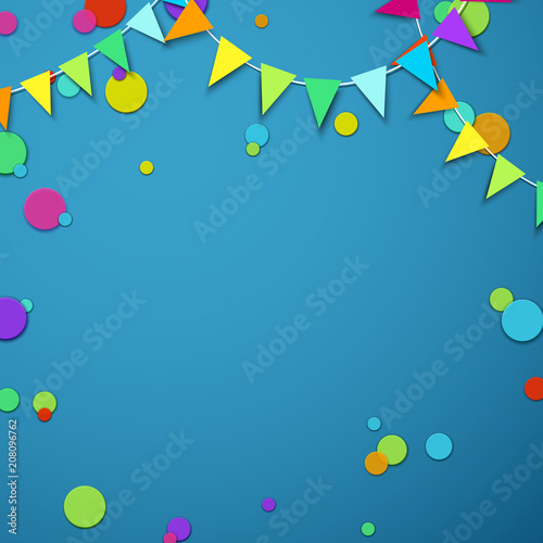 Blue festive background with colour flags and confetti.