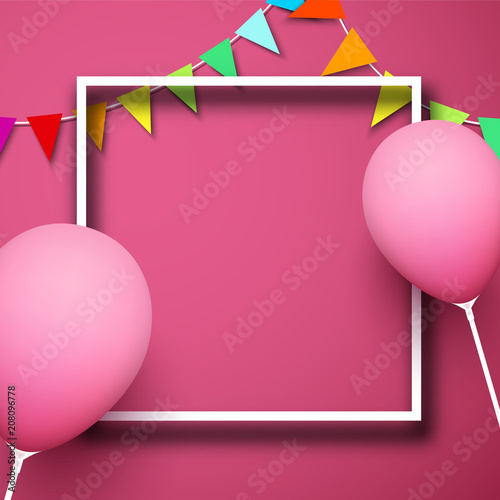 Pink festive background with frame, balloons and flags.