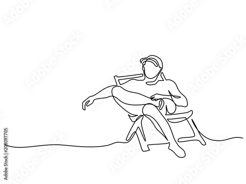 Continuous line drawing. Man relaxing on sun lounger near sea. Vector illustration. Concept for logo, card, banner, poster, flyer