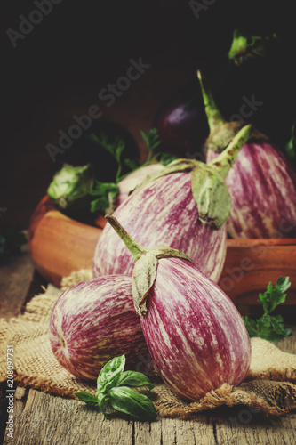 Fresh purple striped eggplants, rustic style, selective focus