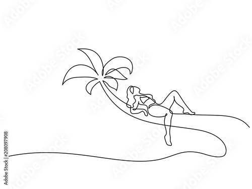 Continuous line drawing. Beautiful woman sitting on palm near sea. Vector illustration. Concept for logo, card, banner, poster, flyer