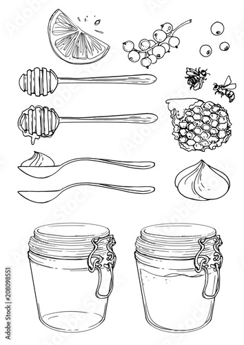 Clip top jar with honey, spoons, honeycomb, bees