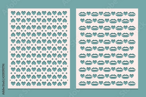 Templates panels for cutting with hearts for Valentines day. May be used for laser cut. Openwork background.