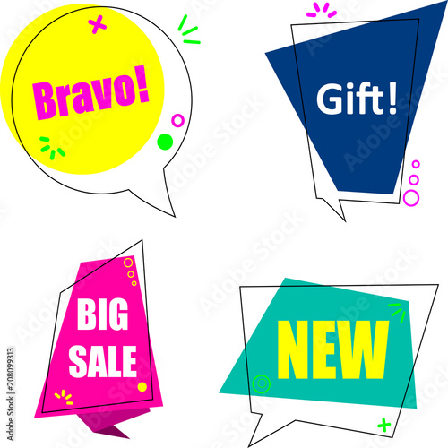 Bravo, big sale, new and gift labels isolated on white.
