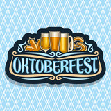 Vector logo for Oktoberfest, dark sign with maple leaf and pretzel, glassware with alcoholic beverages, label for german beer festival with original typeface for word oktoberfest on diamond background