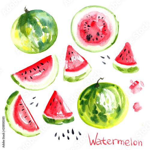 Fototapeta Naklejka Na Ścianę i Meble -  Set watermelons painted with watercolors on white background