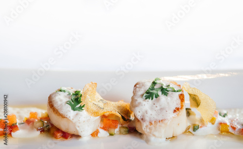 Grilled scallops on a white plate with creamy foam sauce, fine dinning cuisine