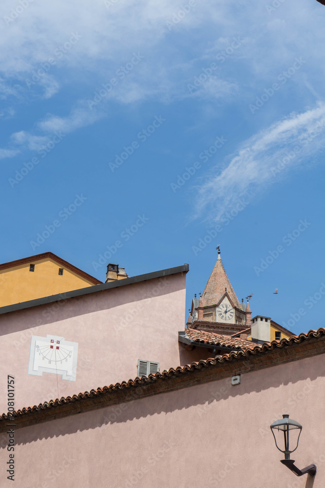 View of roofs and bell tower of the Church of San Lorenzo in Alba, Piedmont Italy