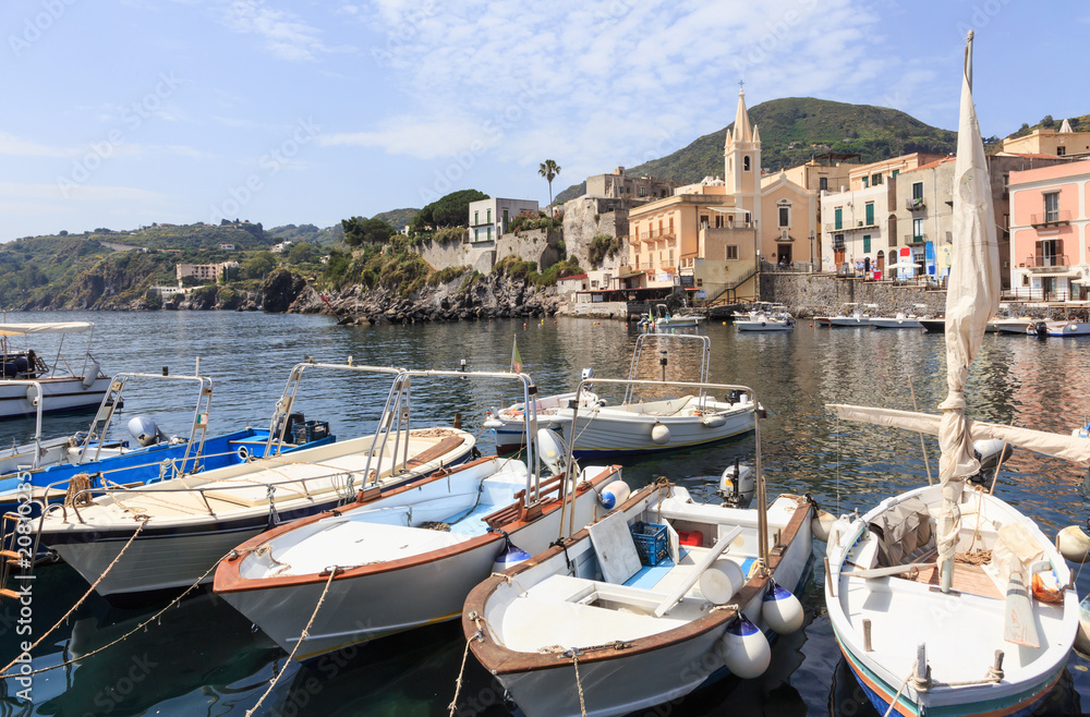 Marina and waterfront on Lipari Island, one of 
Aeolian Islands in the Tyrrhenian Sea, near Sicily. 