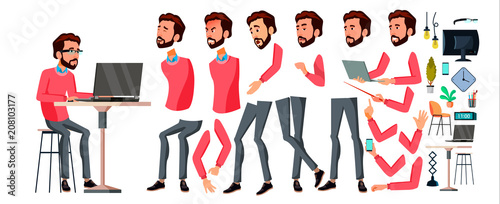 Office Worker Vector. Face Emotions, Various Gestures. Animation Creation Set. Businessman Worker. Happy Job. Partner, Clerk, Servant, Employee. Isolated Flat Cartoon Illustration