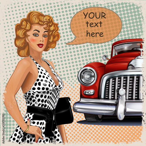 Vintage background with pin-up girl and retro car