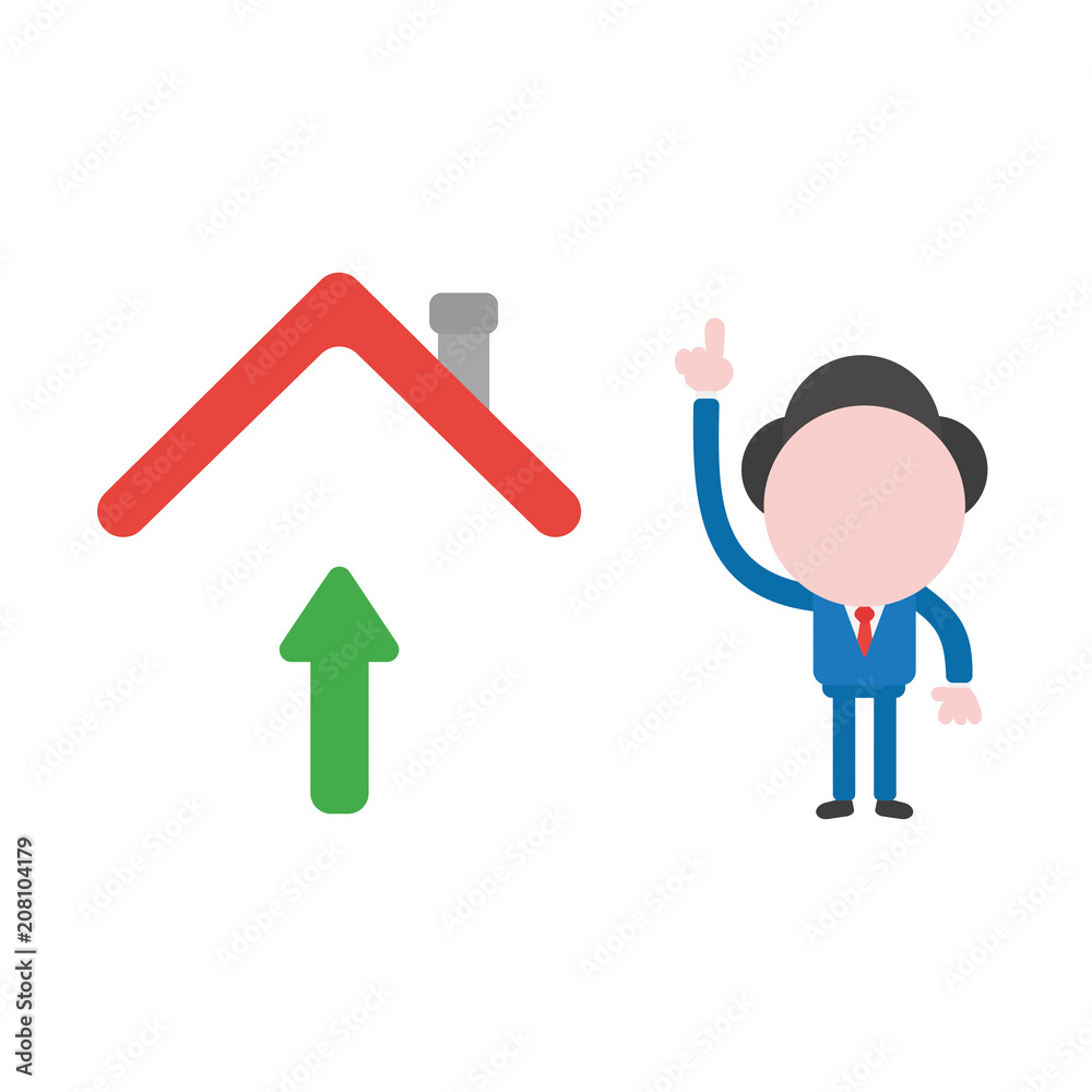 Vector businessman character pointing up with arrow moving up under house roof