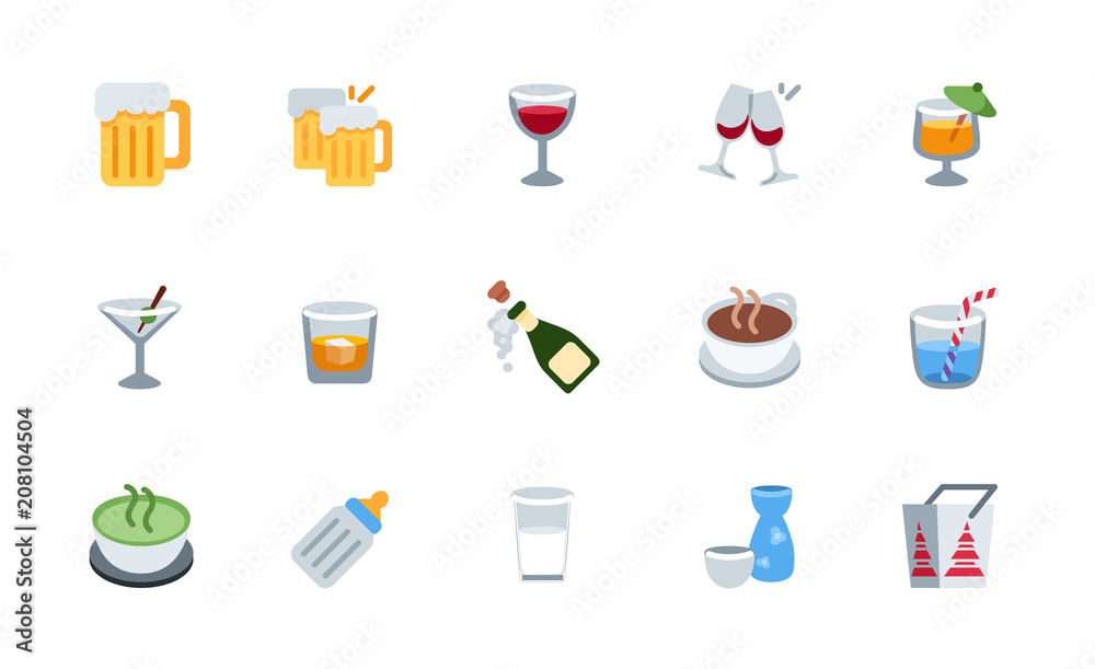 All drinks, beverages icons, symbols set. Beer, wine, cocktail, milk