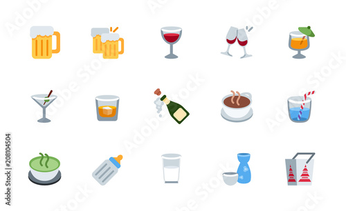 All drinks, beverages icons, symbols set. Beer, wine, cocktail, milk, tea, champagne vector illustration flat style emojis, emoticons