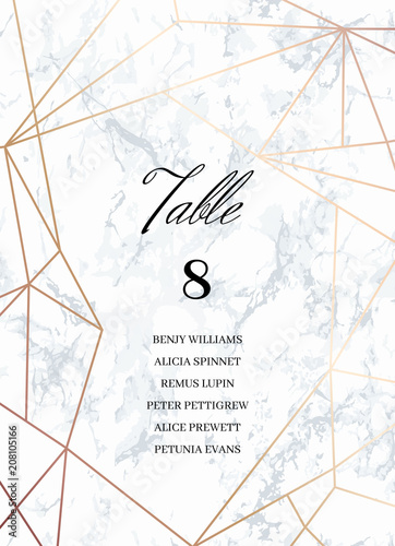 Wedding template. Seating Card with guest list. Tented Table Numbers card. White marble and rose gold geometric pattern. Dimensions 5x7 inch plus 0,25 bleed. Seamless pattern included in palette.