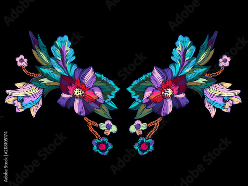 Embroidery neckline pattern with bright flowers. Vector embroidered floral patch for clothing design.