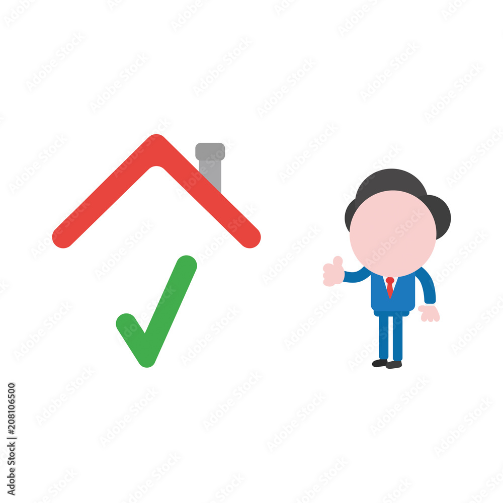 Vector businessman character giving thumbs up to check mark under house roof Vector businessman character giving thumbs up to check mark under house roof