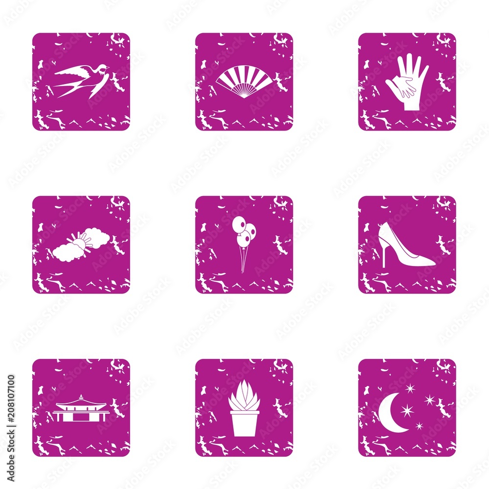 Oriental person icons set. Grunge set of 9 oriental person vector icons for web isolated on white background Oriental person icons set. Grunge set of 9 oriental person vector icons for web isolated on white background