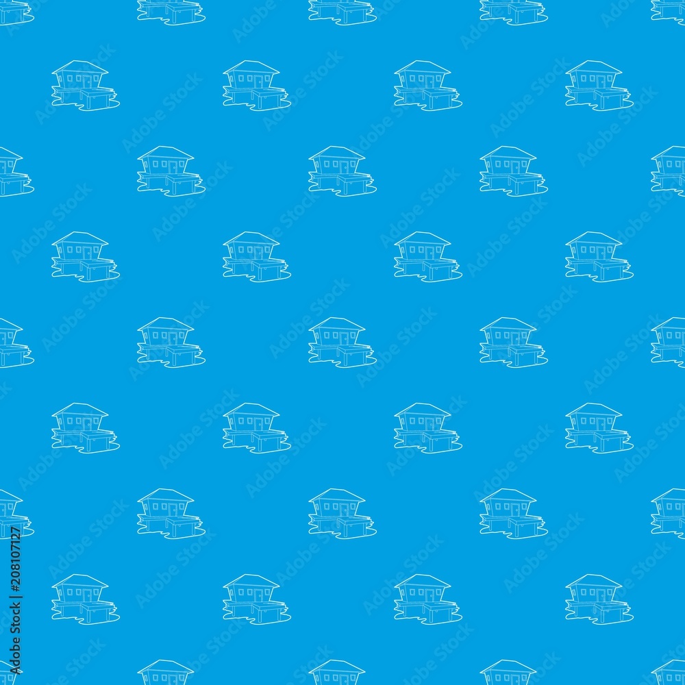 Tropical house pattern vector seamless blue repeat for any use
