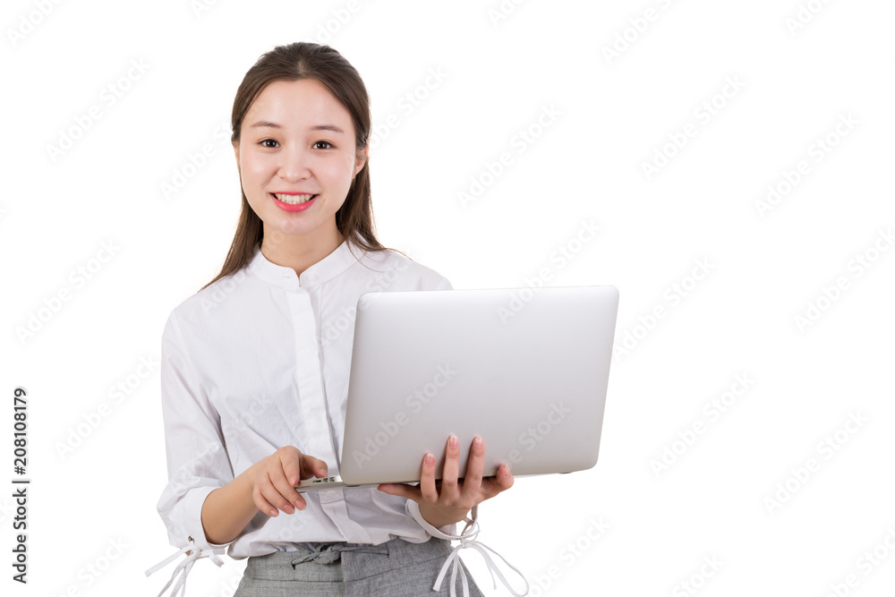 Young woman standing on white holding a laptop computer. Young businesswoman with laptop isolated on white and standing Young woman standing on white holding a laptop computer. Young businesswoman with laptop isolated on white and standing