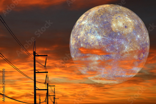 Fototapeta Naklejka Na Ścianę i Meble -  Mar back on night cloud sunset sky silhouette power elecrtic pillar ,concept Mar near Earth