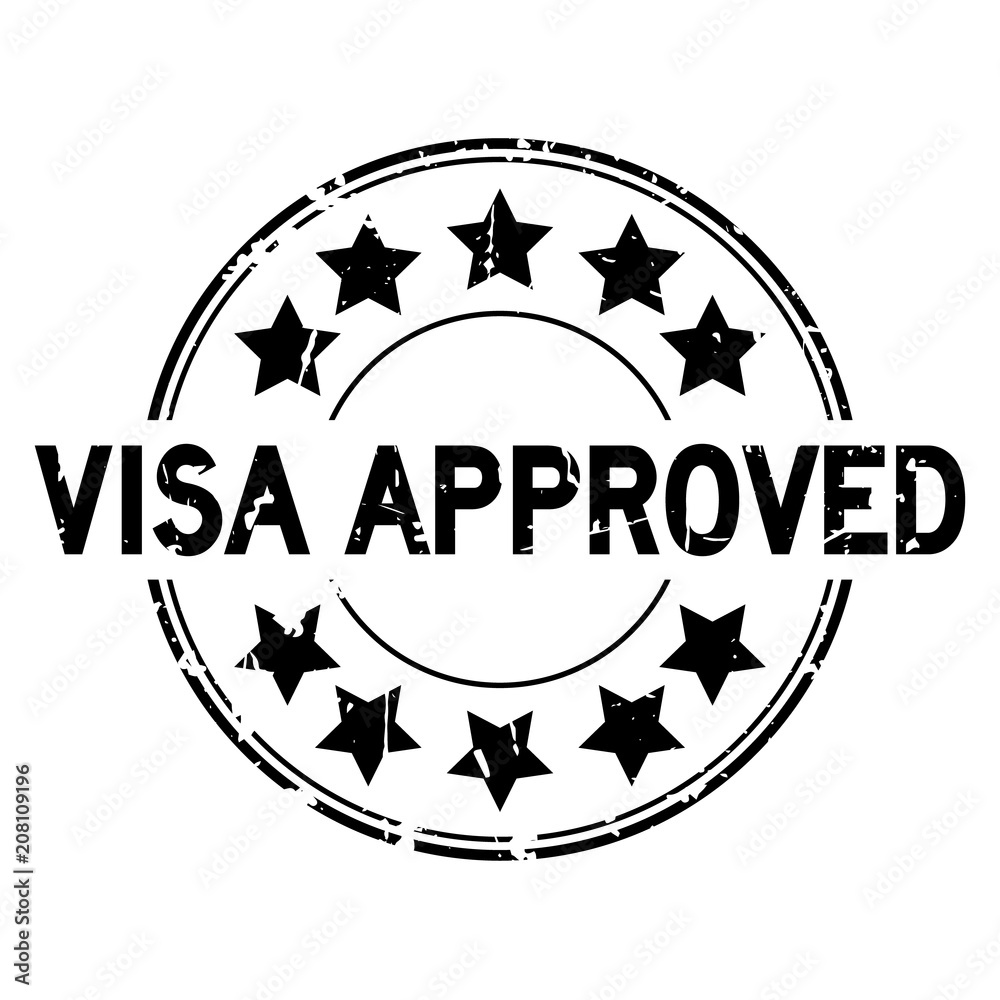 Grunge black visa approved with star icon round rubber seal stamp on white background