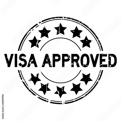 Grunge black visa approved with star icon round rubber seal stamp on white background