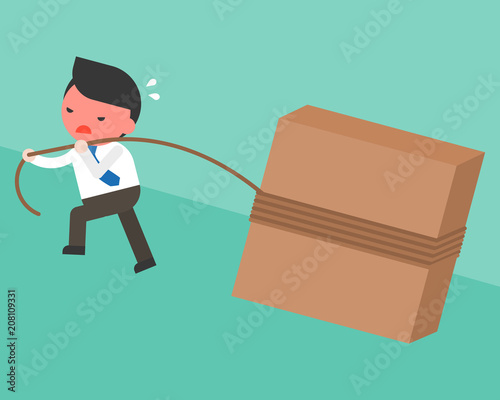 Businessman pulling block with rope to road slope, flat design